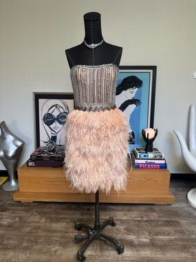 Marchesa -Neiman Marcus Beaded Strapless Feather Mini Dress in Blush and Silver